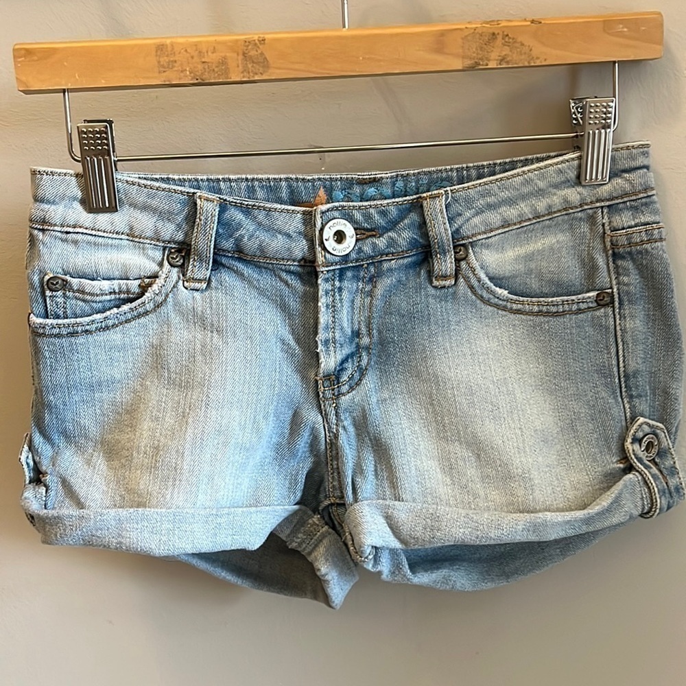 Nollie Denim Shorts Cuffs Light Rinse Roll Tab Size 1 Juniors Vintage Retro Blue